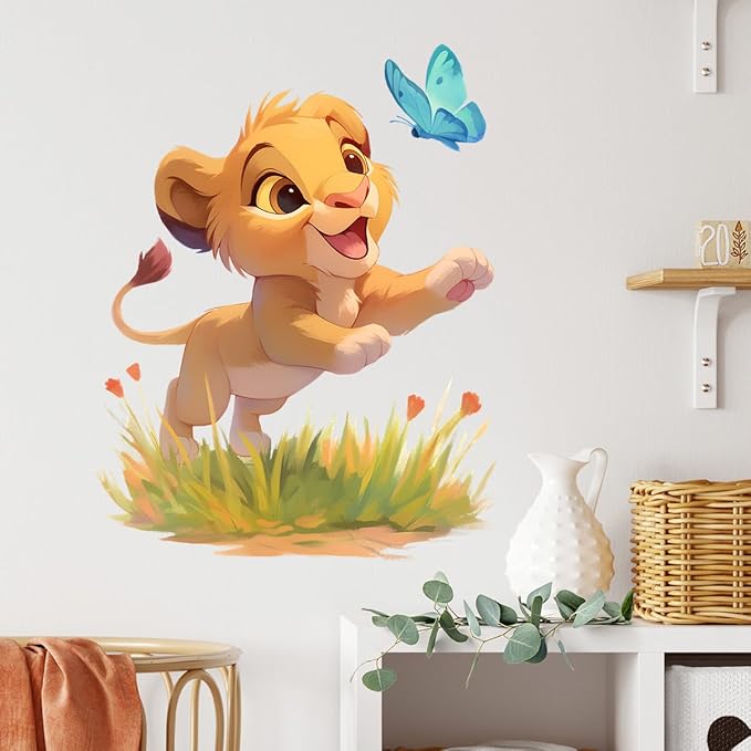 Baby Lion and Butterfly Wall Decals Removable Cartoon Animal Vinyl Stickers for Nursery Kids Bedroom and Playroom Decor Peel and Stick Wall Art