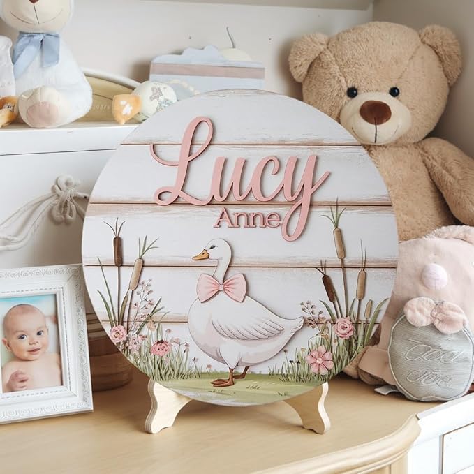 Personalized Name Sign for Nursery, Pink Goose Sign for Baby Door Decor, Newborn Gifts for Girl, Girls Nursery Wall Bedroom Decorations, Mother's Day Gifts for New Mom Dad Gift