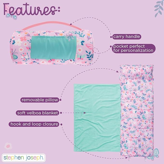 Stephen Joseph, Toddler All Over Print Nap Mat with Soft Blanket and Removable Pillow for Boys & Girls, Kids Sleeping Bag for Elementary, Daycare, Preschool with Carry Handle