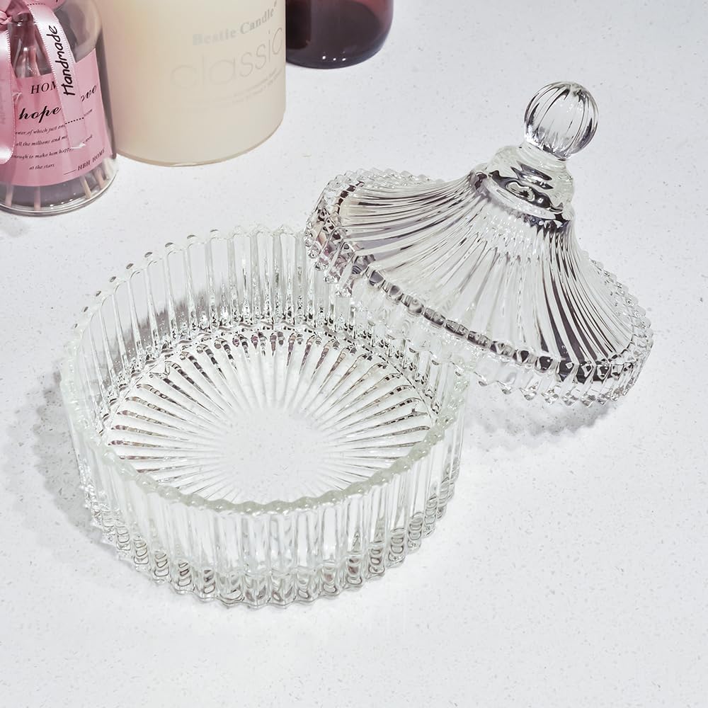 R FLORY 2 Pack Qtip Holder Apothecary Jars with Lids Glass Q Tip Holder for Bathroom Set Decorative Jars Crystal Bowl Jar Organizer for Cotton Swabs, Balls, Pads, Floss Picks (Transparent 10+24oz)