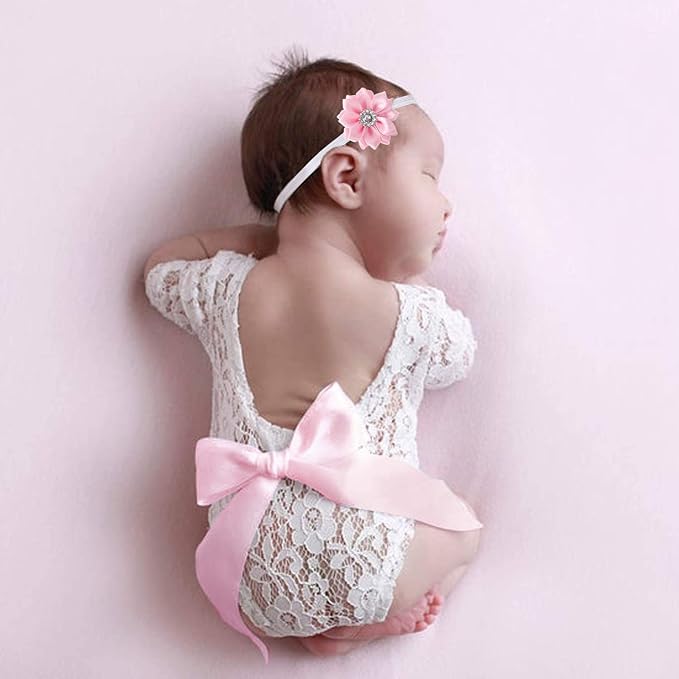Newborn Girl Photography Outfits, Backless Lace Romper with Flower Headband Photo Props, Baby Girl Photoshoot Outfits