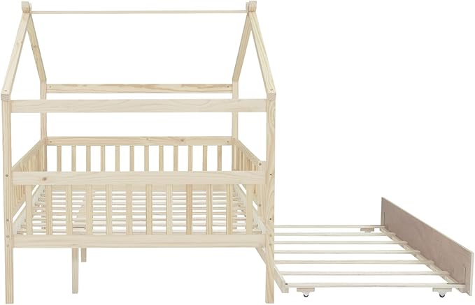 Harper & Bright Designs Full House Bed with Trundle, Kids Platform Frame Rails and Roof, Tent Bed, Wood Playhouse Montessori for Teens Girls Boys, No Box Spring Needed (Natural)