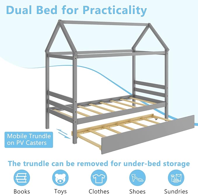 KOMFOTT Twin House Bed with Trundle, Solid Wood Playhouse Platform Bed Frame, Kids Daybed with Roof for Girls & Boys, No Box Spring Needed, Noise-Free Design, Easy Assembly, Grey