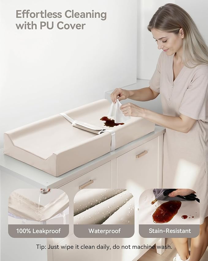 COMOMY Baby Changing Pad with Wipeable & Waterproof PU Cover, Contoured Diaper Changing Pad for Dresser with Non-Slip Safety Belt, Portable and Lightweight, Large Cushioned Foam, Beige