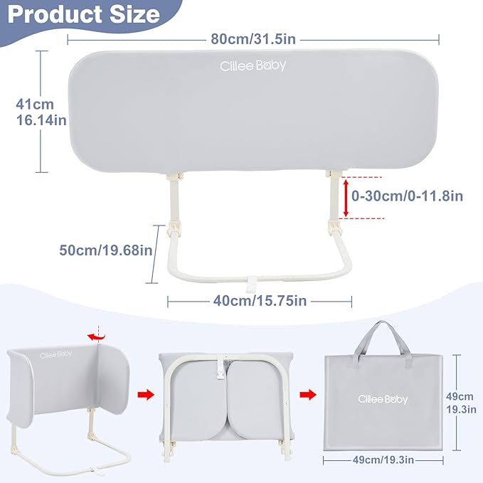 Ciilee Baby Bed Rail for Toddlers Portable Travel Kids Beds Guard Rails for Queen Bed Foldable Children Side Railing for Twin Beds Adjustable Bedrail Barandas para Camas de Niños（Grey,32in