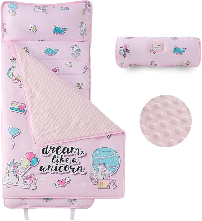 beeweed Toddler Nap Mat, Rollup Design Kid Sleeping Mat with Removable Pillow & Minky Blanket, Toddler Sleeping Bag for Daycare Preschool Travel Camping