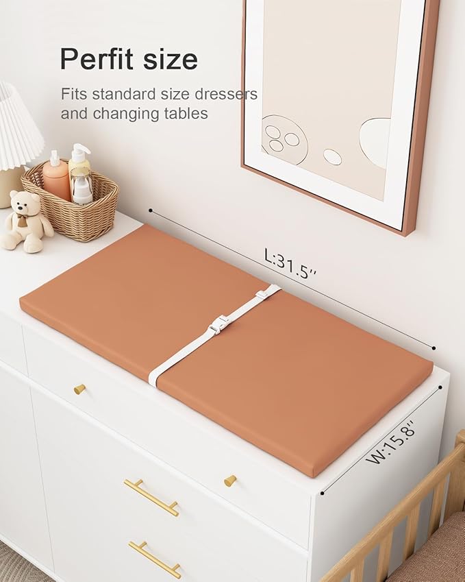 YACODAVO Wipeable Baby Changing Pad for Dresser and Table, Cozy Diaper Changing Pad with Waterproof & Wipe-Clean Leather Cover, Standard Size (31.5" L x 15.8" W), Coffee Color