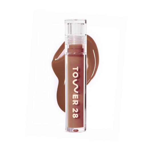Tower 28 ShineOn Milky Lip Jelly, ALMOND, Non-Sticky, Hydrating Vegan Lip Gloss in Milky Chocolate, Apricot and Raspberry Seed Oil, Moisturizing, Clean, Cruelty Free