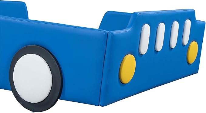 Merax Twin Race Car Platform Bed with Wheels,PU Leather Car Bed Frame for Boys Twin Size,Kids Bed Frame with Headboard,Fits Standard Twin Mattress(No Mattress)