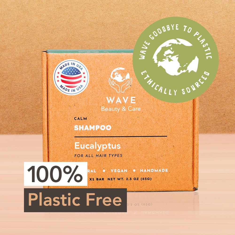 Wave Eucalyptus Oil Shampoo Bar - Moisturizing & Handmade Vegan Bar for Shiny Hair, Natural, Organic & Non-GMO Shampoo for Women & Men, 2.3 oz, Long-Lasting (80-120 Uses)
