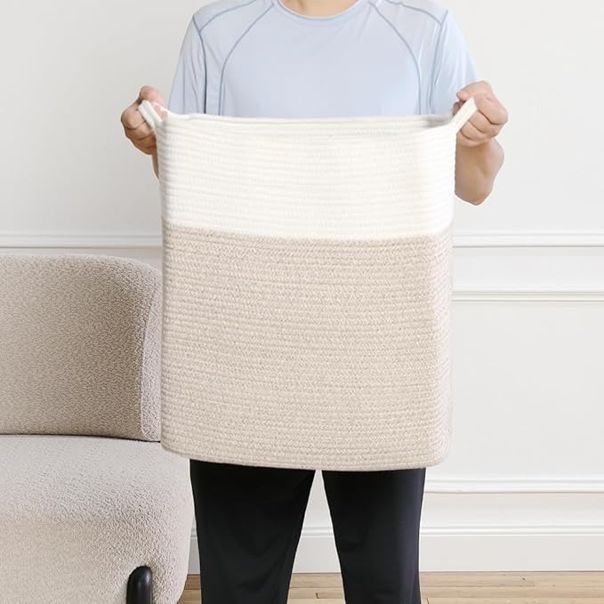 Tall Laundry Basket With Handles,Woven Cotton Rope Big Laundry Hamper Sorters,Versatile Storage for Dirty Clothes,Baby Toys,and Blankets in Bathroom, Nursery,and Living Room (White Brown, 80L)