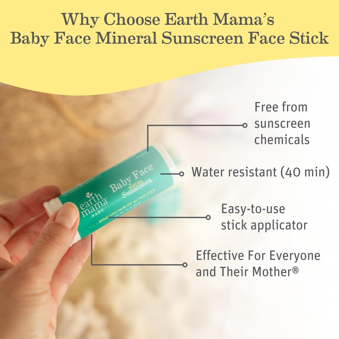 Earth Mama Baby Face Mineral Sunscreen Stick SPF 40 | Non-Nano Zinc, Natural Water Resistant Sun Cream for Babies, Kids & Adults 0.74-Ounce, 3-Pack
