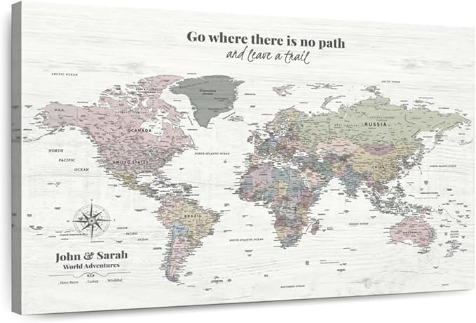 ElephantStock - Personalized Leave A Trail Iii Push Pin World Map Wall Art - Horizontal Canvas Wall Art - Living Room Wall Decor - Digital Art Map Canvas Art - White And Gray Decor - 51" x 34"