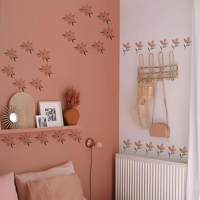 YouRfocus Daisy Wall Decals | 72 PCS Boho Flower Stickers for Girls' Rooms, Playrooms, Nurseries | Dual Layer Print for High Coverage | Removable Peel and Stick （Orange）| 12 Sheets