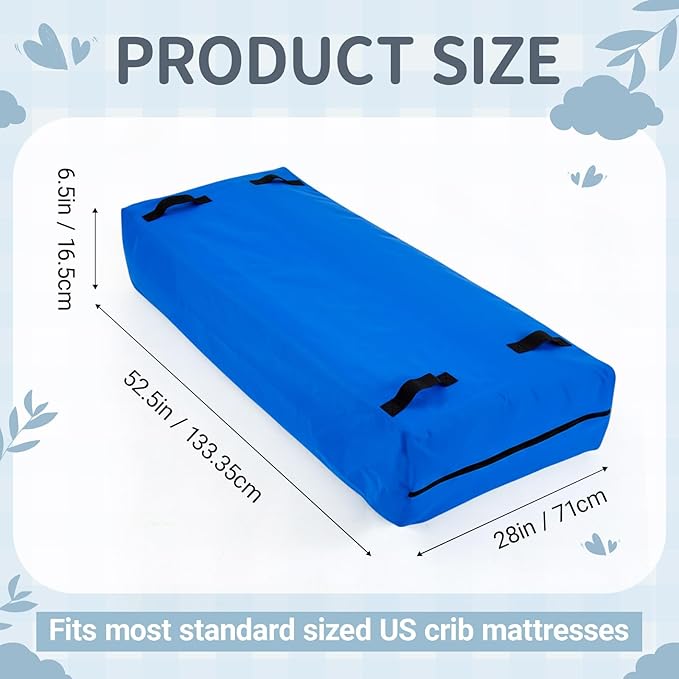 1 Pcs Oxford Cloth Waterproof Crib Mattress Storage Bag with Zipper and 8 Reinforced Handles Heavy Duty Reusable Crib Mattress Cover for Storage, 52.5 x 28 x 6.5 Inches (Blue)