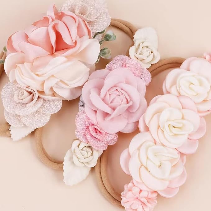 cherrboll 3pcs Baby Girl Headbands Flowers, Super Soft & Stretchy Nylon Floral Hairbands for Newborn Toddler