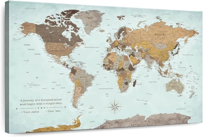 ElephantStock - A Thousand Miles World Push Pin Map Wall Art - Horizontal Canvas Wall Art - Living Room Wall Decor - Printmaking Map Canvas Art - Blue And Brown Decor - 36" x 24"