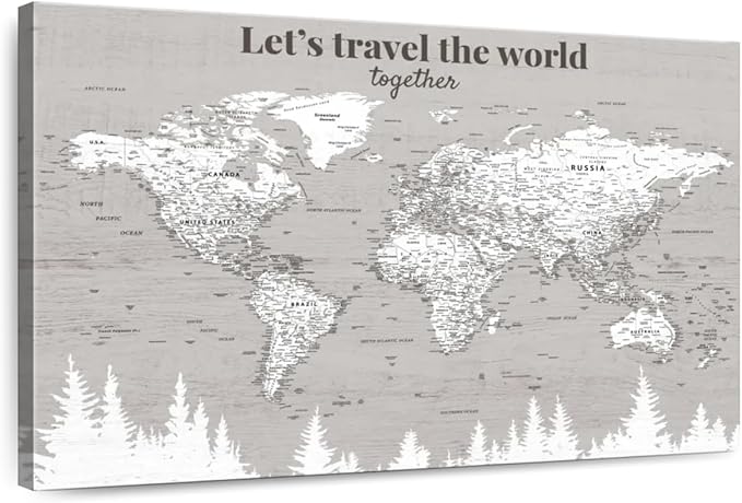 ElephantStock - Let's Travel II Push Pin World Map Wall Art - Horizontal Canvas Wall Art - Living Room Wall Decor - Digital Art Map Canvas Art - Gray And White Decor - 24" x 16"