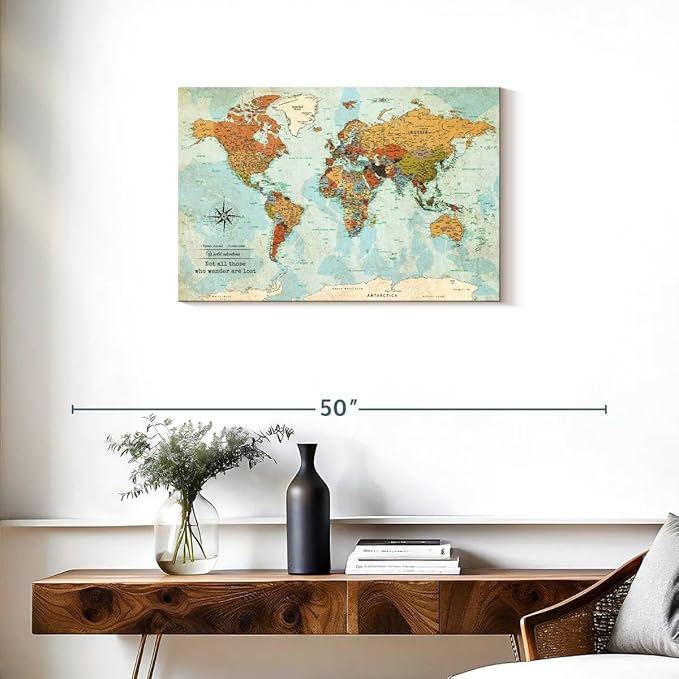 ElephantStock - Personalized Wanderer Push Pin World Map Wall Art - Horizontal Canvas Wall Art - Living Room Wall Decor - Digital Art Map Canvas Art - Orange And Blue Decor - 30" x 20"