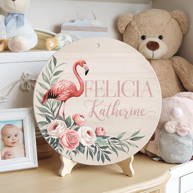 Personalized Wooden Name Signs for Nursery, Flamingo Sign for Baby Door Decor, Newborn Gifts for Girl, Girls Nursery Wall Bedroom Decorations, Mother's Day Gifts for New Mom Dad Gift