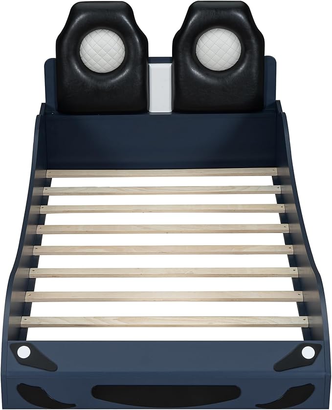 Bellemave Wood Twin Size Race Car-Shaped Platform Bed with LED and Upholstered Backrest, Kid's Platform Bed Frame with Race Car-Shaped and Safety Guardrails for Kids, Boys, Girls.(Blue)