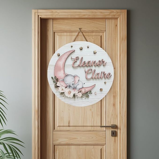 Personalized Wooden Name Signs for Nursery, Moon Elephant Sign for Baby Door Decor, Newborn Gifts for Girl, Girls Nursery Wall Bedroom Decorations, Mother's Day Gifts for New Mom Dad Gift