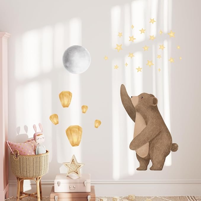 Cute Bear Wall Decals with Moon & Stars - Removable Nursery Wall Stickers for Baby Kids Room, Waterproof Animal Wall Art Decor, Easy to Apply Bedroom Living Room Playroom Murals