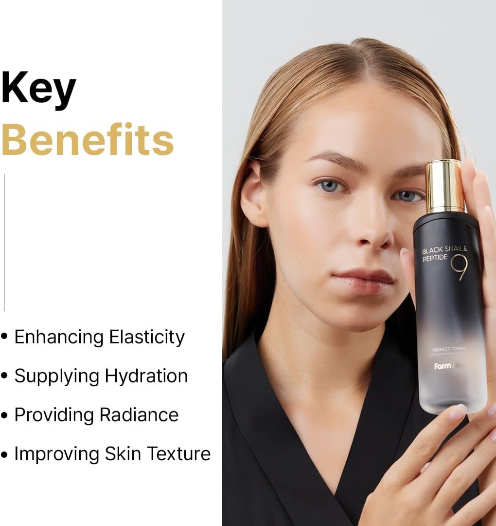 Farmstay Black Snail & Peptide 9 Perfect Toner, Snail Mucin Toner for Elastic & Glow Skin, Moisturizing & Anti-Aging, Smooths & Refine Skin Texutre, Korean Skin Care, for Women & Men, 4.05 Fl. Oz