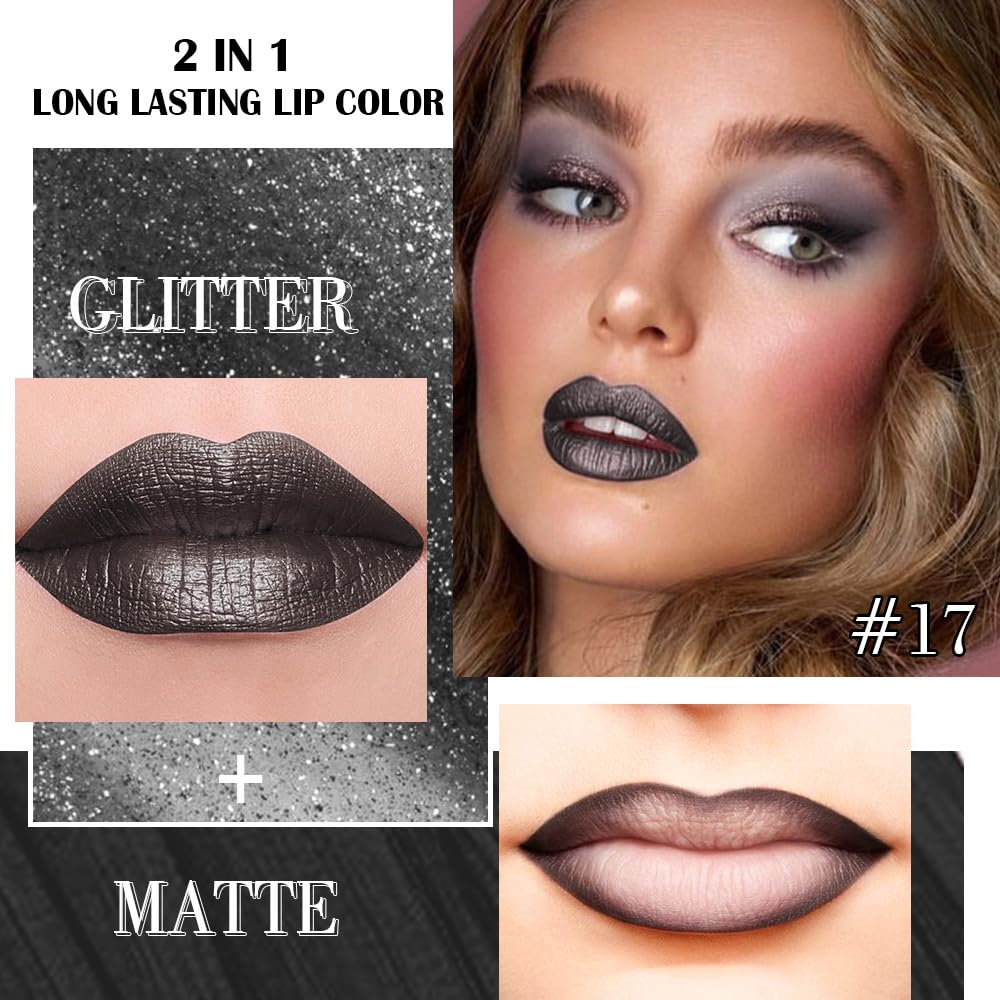 evpct Black Metallic Glitter Lip Liner and Lipstick Combo Lip Gloss Stain Set Makeup for Women Long Lasting Waterproof 24, Goth Gothic Halloween Metallic Shimmer Frosted Iridescent Liquid Lipstick 17