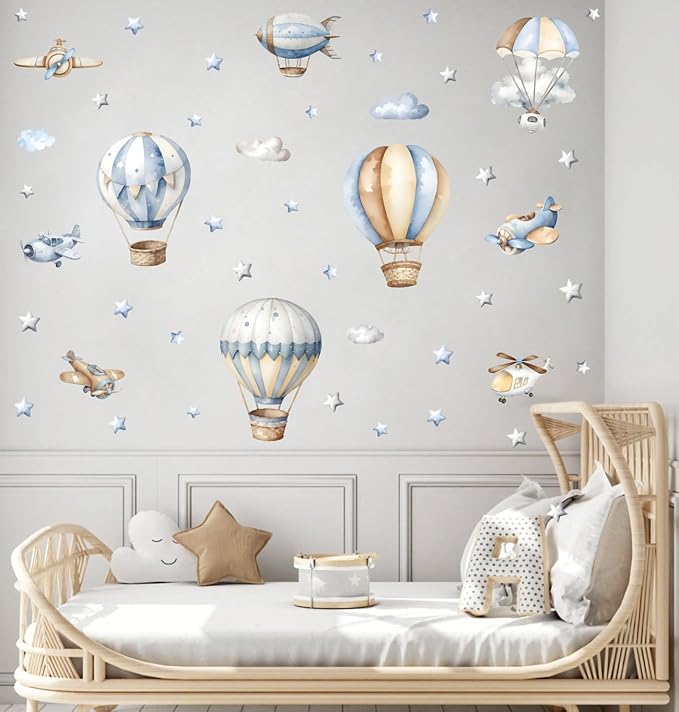 Watercolor Hot Air Balloon Wall Stickers, Hot Air Balloon Airplane Clouds Vinyl Wall Decals, Removable DIY Wall Art for Kids Bedroom Playroom Toddler Room Decor