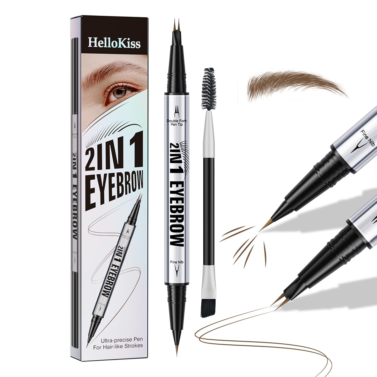 Eyebrow Pencils for Women - Microblading Eyebrow Pencil 2-In-1 Dual-Ended Eyebrow Pen with Precise 2-Fork-Tip & Brush-Tip Waterproof Eyebrow Pencil for Hair-Like Brows, Last All-Day, Brown