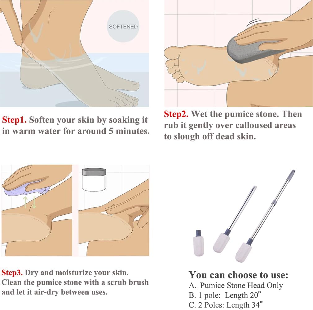 Pumice Stone for Feet, Foot Dead Skin Scrubber with 30" Long Handle Set, Feet File Callus Remover for Exfoliation, Foot Scrub Shower Pedicure Tools Foot Care Stone