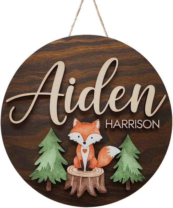 Personalized Wooden Name Signs for Nursery, Fox Sign for Baby Door Decor, Newborn Gifts for Boy, Boys Nursery Wall Bedroom Decorations, Mother's Day Gifts for New Mom Dad Gift