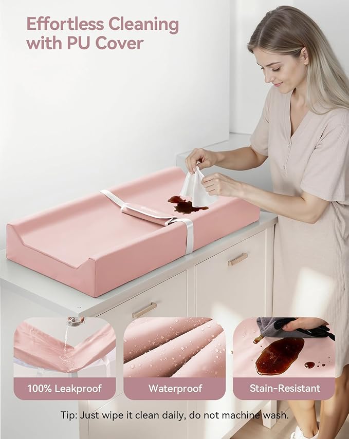 COMOMY Baby Changing Pad with Wipeable & Waterproof PU Cover, Contoured Diaper Changing Pad for Dresser with Non-Slip Safety Belt, Portable and Lightweight, Large Cushioned Foam, Pink