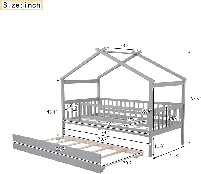 Twin House Bed with Trundle, Kids Twin Platform Bed Frame with Rails and Roof, Tent Bed, Wood Playhouse Bed Twin Montessori Bed for Kids Teens Girls & Boys, No Box Spring Needed (Gray)