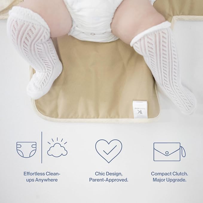 Toddlekind Mini Maven Portable Changing Pad – Organic Cotton & Water-Resistant Polyester – Travel-Friendly, Foldable Change Mat – Tofu Beige Stripes with Wave Stitching – Chic, Durable, Easy to Clean