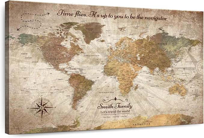 ElephantStock - Personalized Be The Navigator I Push Pin World Map Wall Art - Horizontal Canvas Wall Art - Living Room Wall Decor - Digital Art Map Canvas Art - Brown And Beige Decor - 51" x 34"