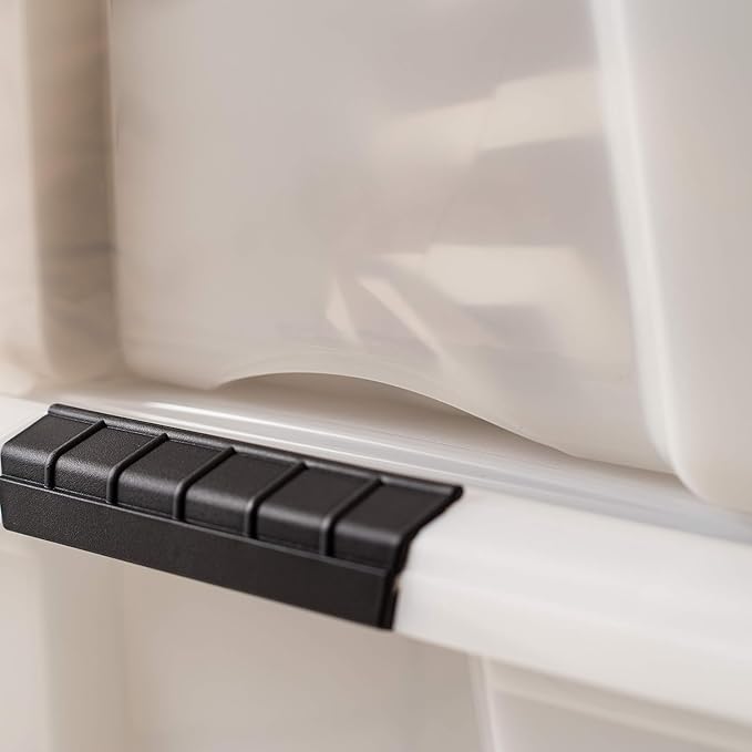 IRIS USA 54 Qt Stackable Plastic Storage Bins with Lids, 6 Pack - BPA-Free, Made in USA - Discreet Organizing Solution, Latches, Durable Nestable Containers, Secure Pull Handle - Pearl