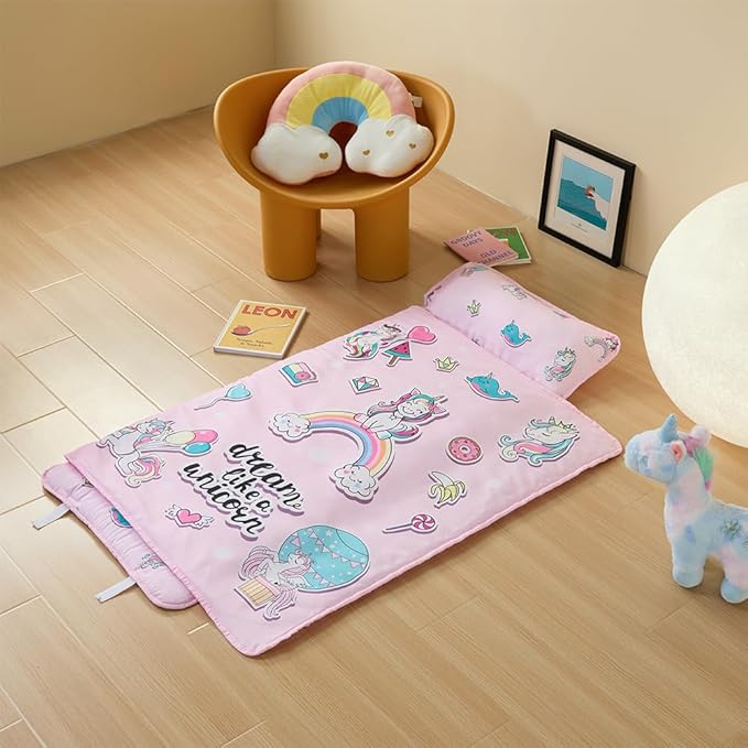 beeweed Toddler Nap Mat, Rollup Design Kid Sleeping Mat with Removable Pillow & Minky Blanket, Toddler Sleeping Bag for Daycare Preschool Travel Camping