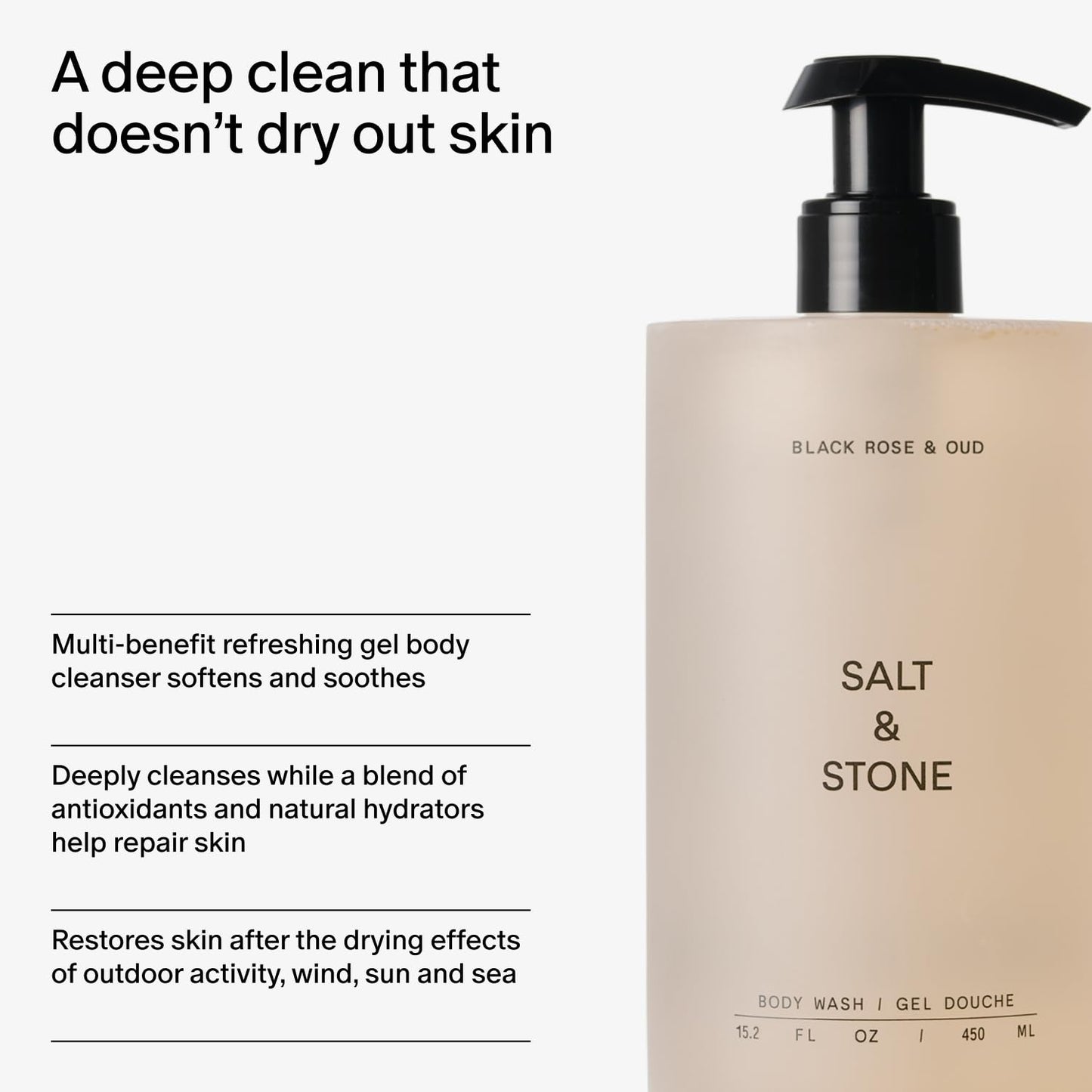 Salt & Stone Body Wash with Antioxidants for Deep Moisture | For Women & Men, Sulfate, Paraben, & Dye Free, Leaving Skin Soft and Hydrated | Black Rose & Oud 32 fl oz