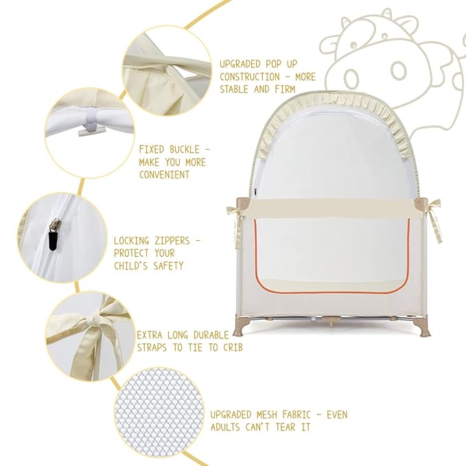Pack N Play Tent, Baby Crib Tent to Keep Baby from Climbing Out, Pop Up Crib Net for Pack and Plays, Mini Cribs & Play Yards, See-Through & Breathable Mesh Crib Canopy, Beige, R07s-beige
