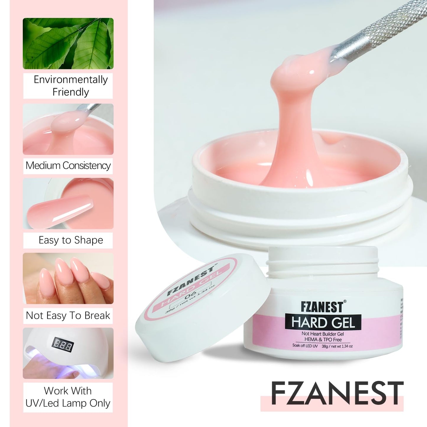 FZANEST Hema-free Builder Nail Gel Painless Hard Gel for Nail Sculpture Extension Strengthener Overlay Milky Pink #06