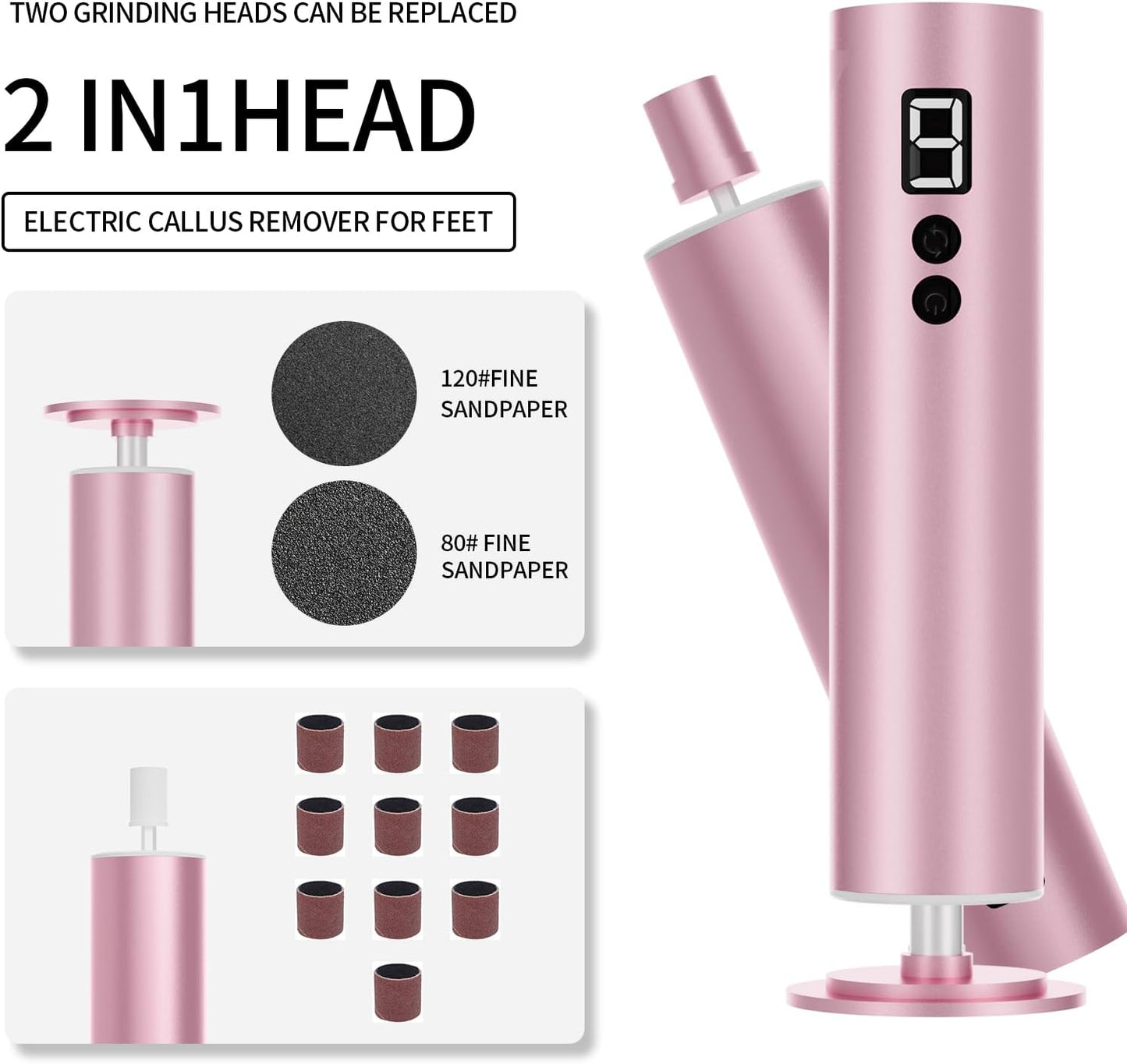 Powerful Electric Foot File & Callus Remover - Over 1-Hour Continuous Use, 360° Rotating Grinder, Foot Drill & Sander, 1200mAh Rechargeable Cordless Pedicure Tool,Foot Grinder(Pink)