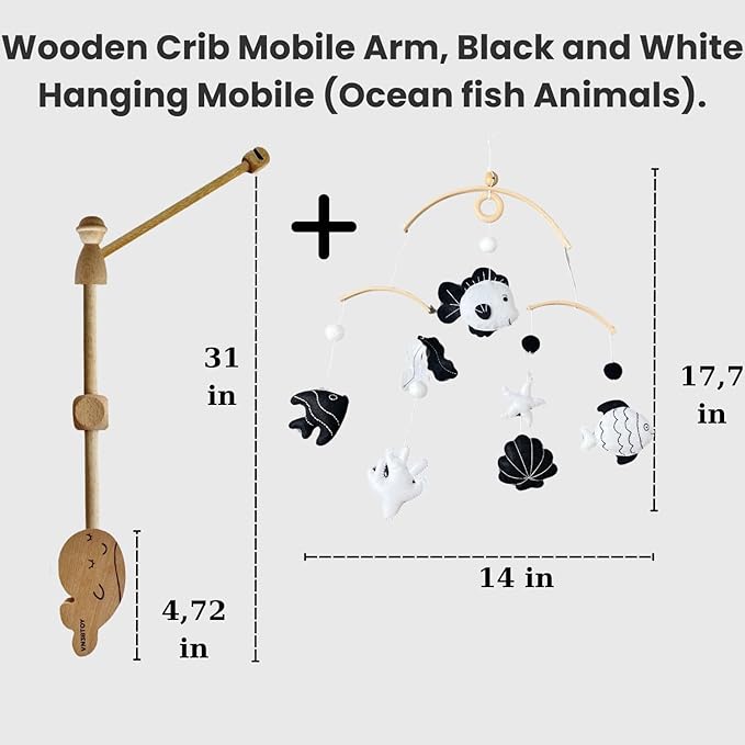 High-Contrast Black & White Fish Montessori Baby Mobile for Crib, Adjustable Wooden Arm Holder, Easy Clip-On Nursery Decor for Visual Stimulation & Gift