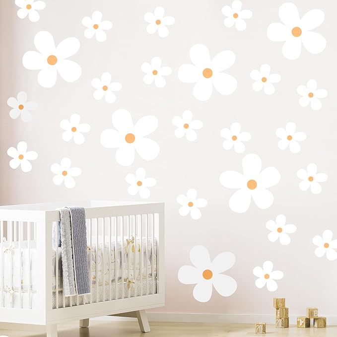 12 Sheets Daisy Wall Decals, Classic White Daisy Flowers Wall Stickers, Vinyl Peel and Stick Floral Decor, Large Floral Nursery Bedroom Living Room Decor for Kids Girls Teens