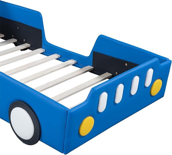 Merax Twin Race Car Platform Bed with Wheels,PU Leather Car Bed Frame for Boys Twin Size,Kids Bed Frame with Headboard,Fits Standard Twin Mattress(No Mattress)