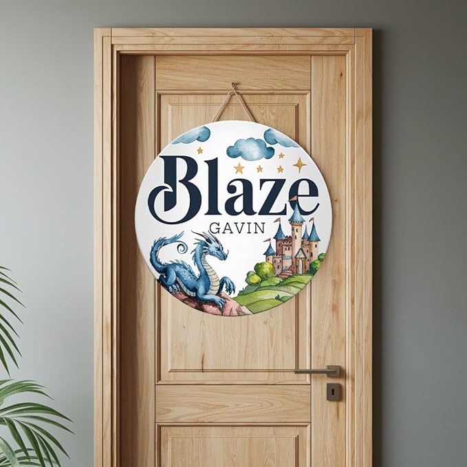 Personalized Wooden Name Signs for Nursery, Blue Dragon Sign for Baby Door Decor, Newborn Gifts for Boy, Boys Nursery Wall Bedroom Decorations, Mother's Day Gifts for New Mom Dad Gift