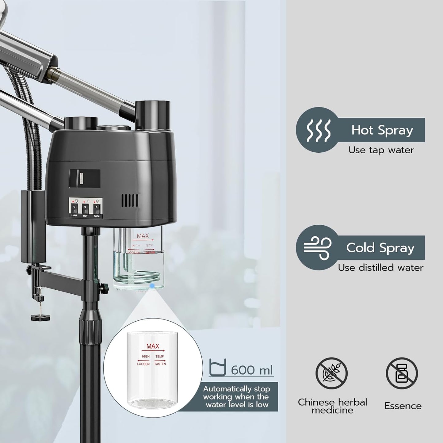 Paddie Professional 3 in 1 Facial Steamer on Wheels for Esthetician, Hot & Cold Mist, 5X LED Magnifying Lamp, Black