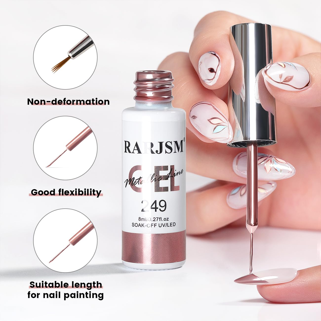 RARJSM Metallic Gel Liner Nail Art Rose Gold 3D Mirror Chrome Effect Gel Nail Polish 8ml Painting Build in Thin Brush Metal Painted Drawing Striper Gelpolish Soak off Curing Requires for Home Salon