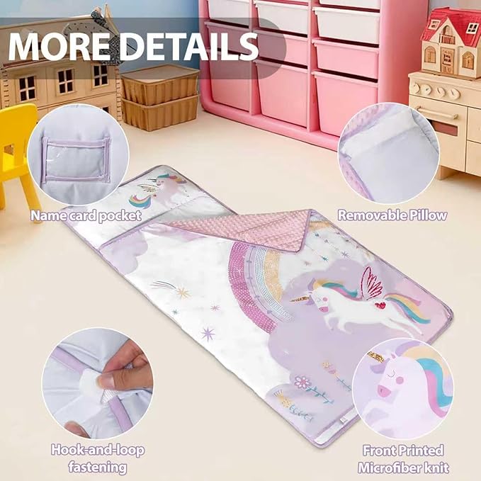 Toddler Nap Mat with Pillow and Minky Blanket 55''x35'' Toddler Sleeping Bag for Daycare, Preschool Travel Camping Mat Nap Mat for Boys and Girls